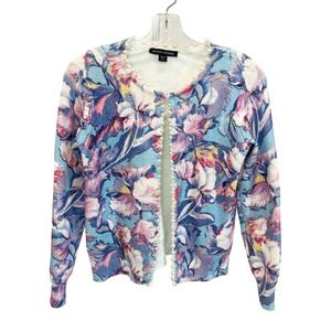 Boston Proper Floral Printed Pearl Trim Cardigan Blue Pink Knit Sweater Size XS